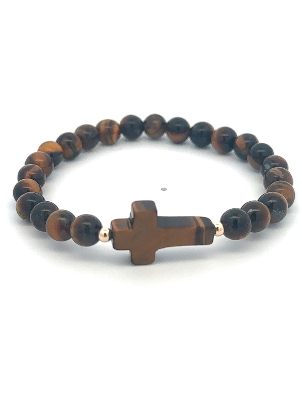 14K Solid Gold & Gemstone 6mm Cross Stretch Bracelet -Tigers Eye,